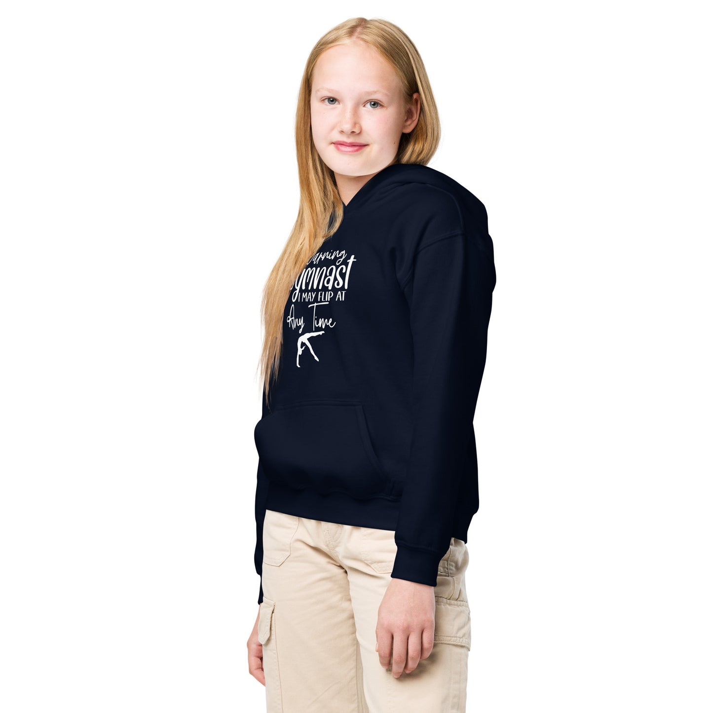 Kids gymnastics hoodie, navy pullover with hood and front graphic print, side view