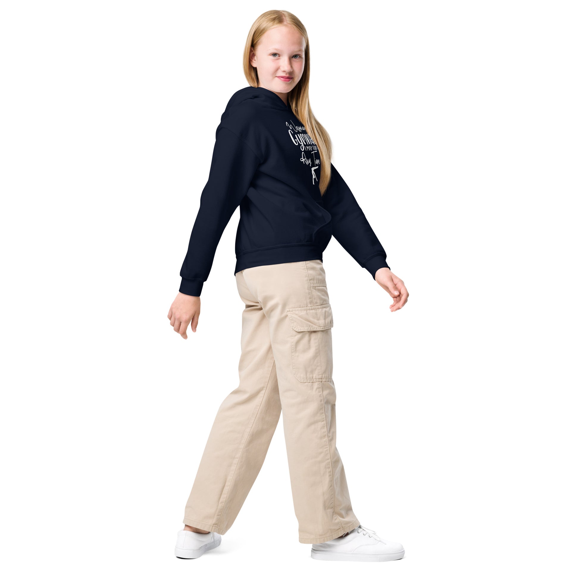 Kids navy hooded gymnastics hoodie with white front graphic and kangaroo pocket