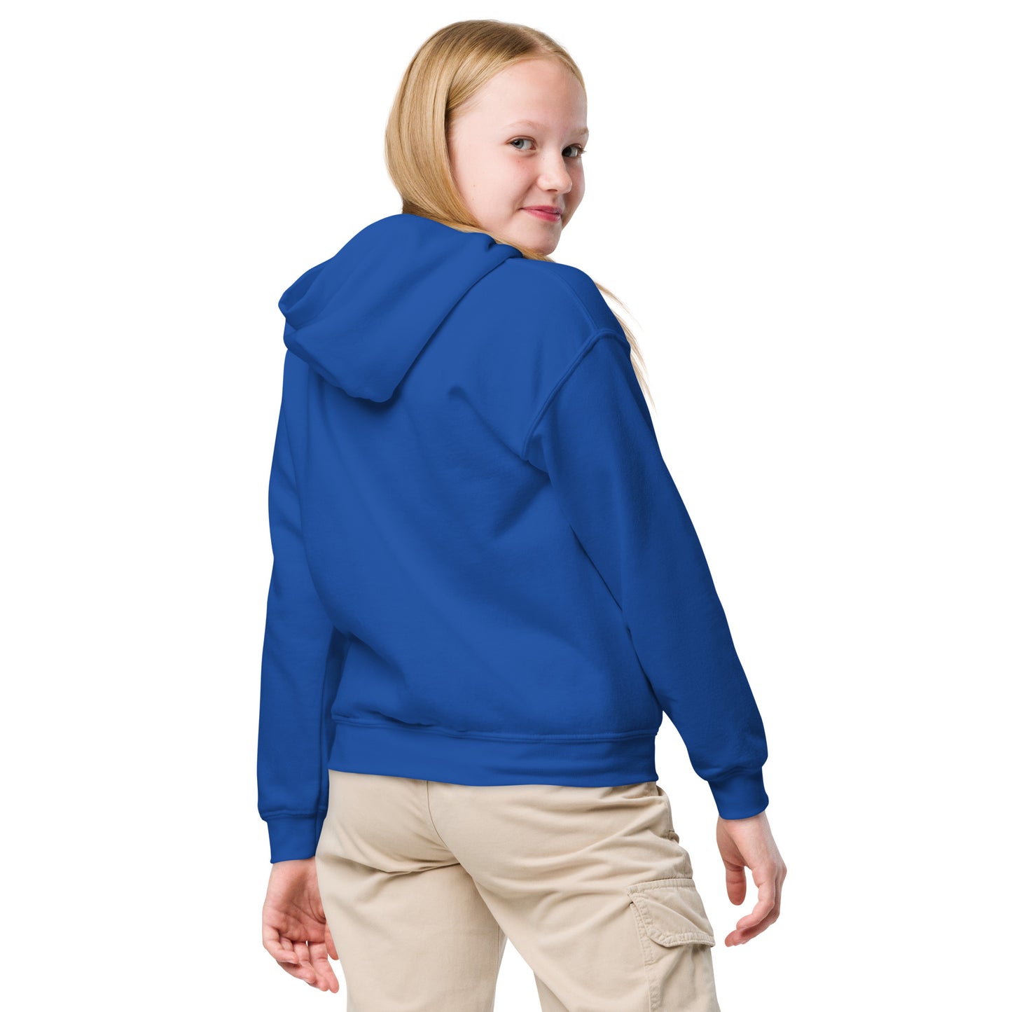 Kids gymnastics hoodie, royal blue, pullover with hood, back view