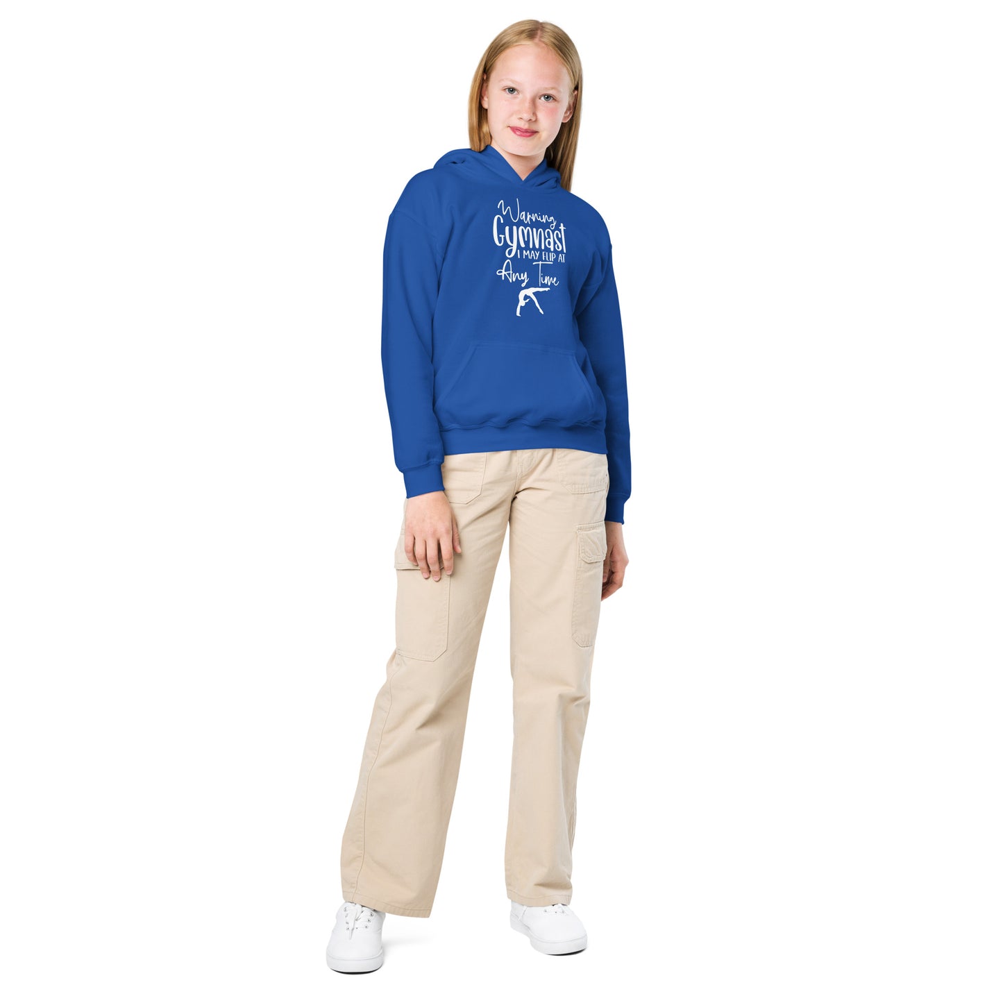 Kids gymnastics hoodie, royal blue pullover with hood and front graphic print
