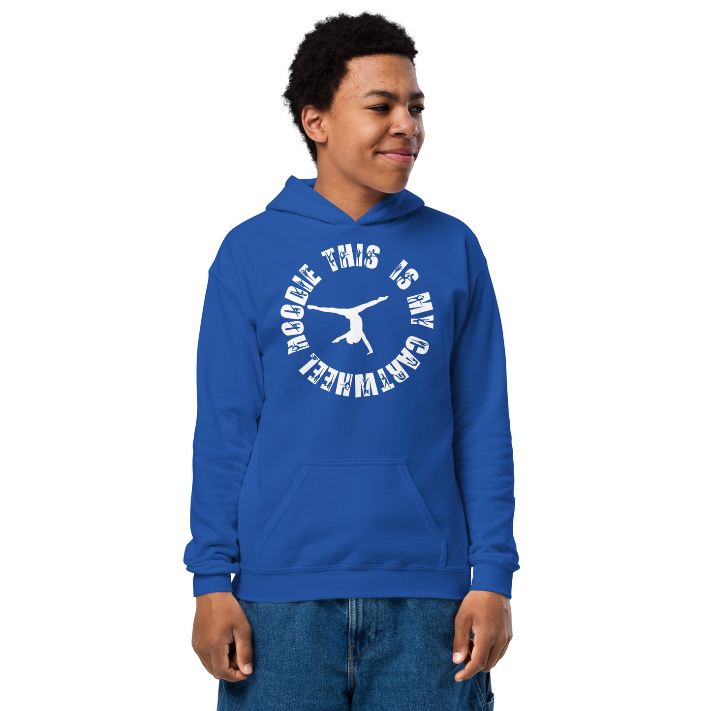 Kids royal blue hoodie with hood, kangaroo pocket, and circular cartwheel logo graphic