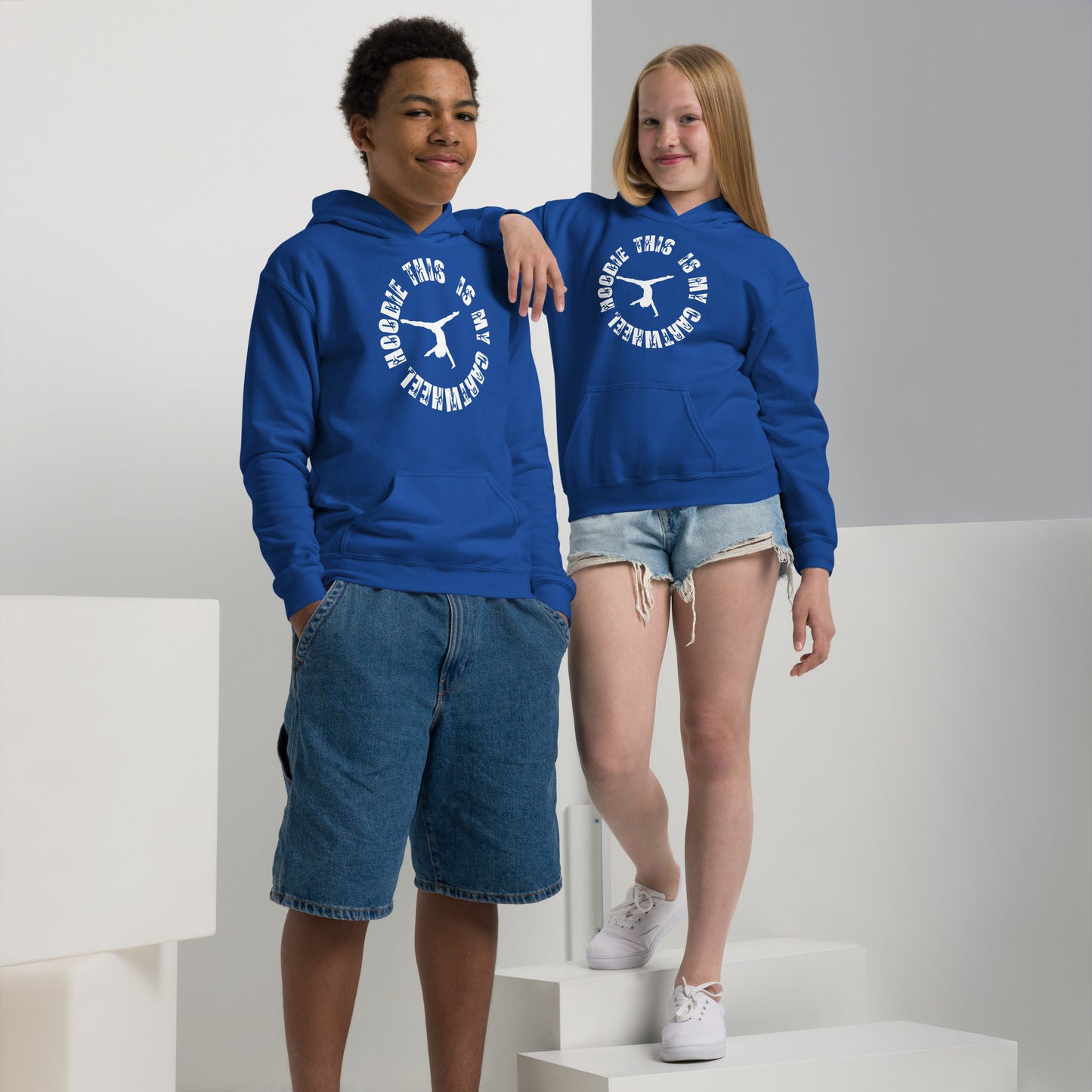 Kids gym hoodie in royal blue with hood and front kangaroo pocket, white logo graphic