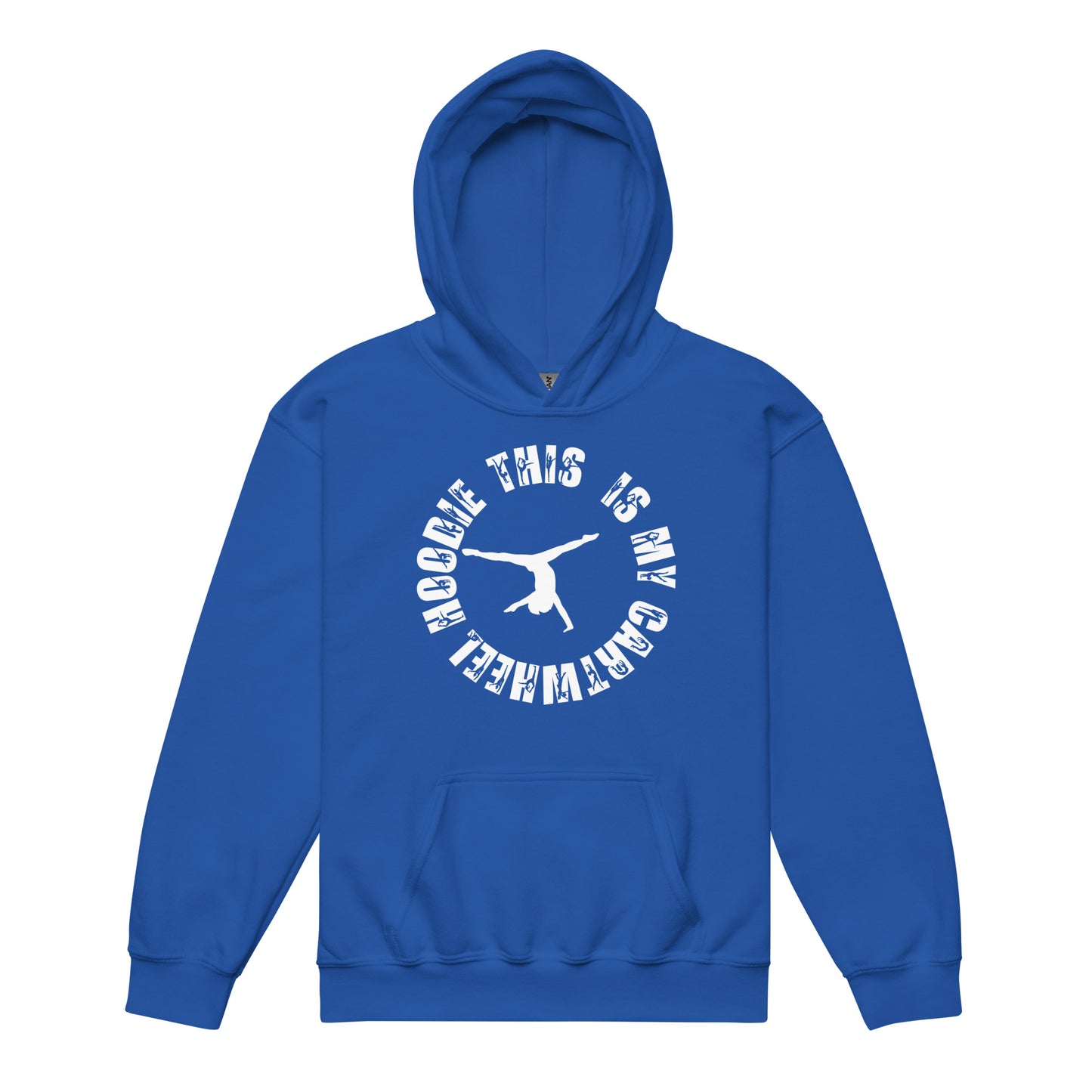 Royal blue kids gym hoodie with hood and front kangaroo pocket, white logo graphic