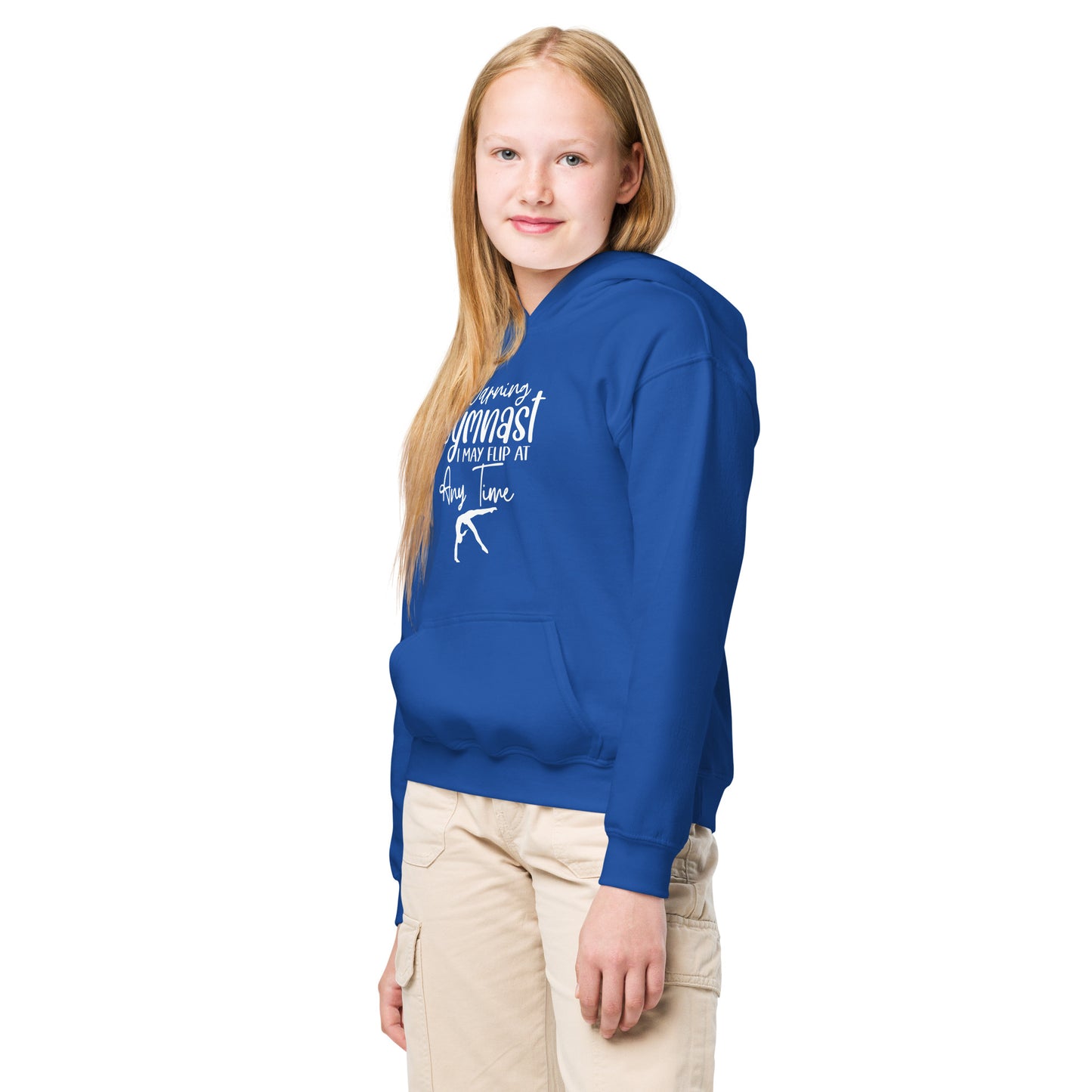 Kids gymnastics hoodie, blue pullover with hood and front graphic print, side view