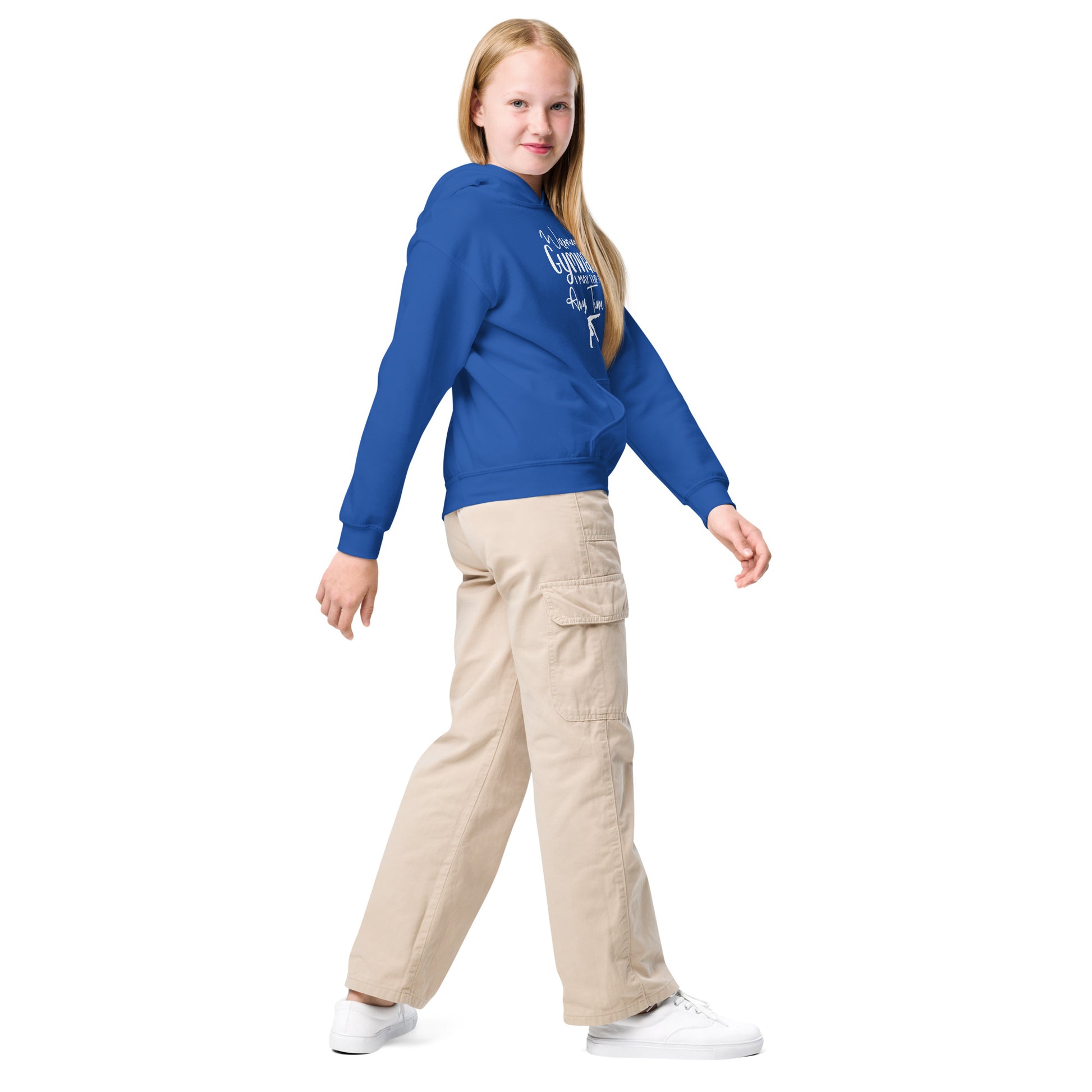 Kids gymnastics hoodie, royal blue, pullover with front hood and printed graphic