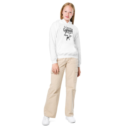 Kids gymnastics hoodie, white with hood, front pouch pocket, graphic lettering